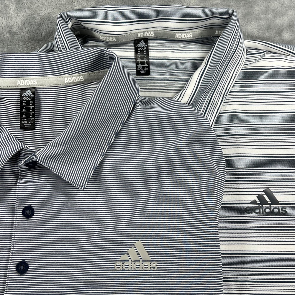 Adidas Golf Shirt (2) Mens XL Blue White Striped Performance Polo Short Sleeve
